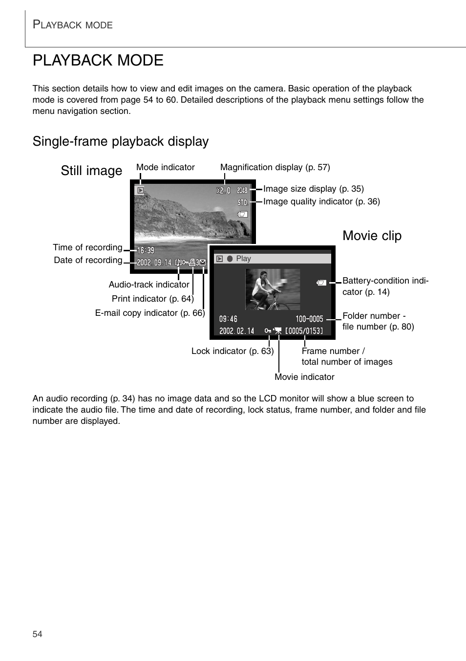 Playback mode, Single-frame playback display, Movie clip still image | Konica Minolta DiMAGE Xi User Manual | Page 54 / 96