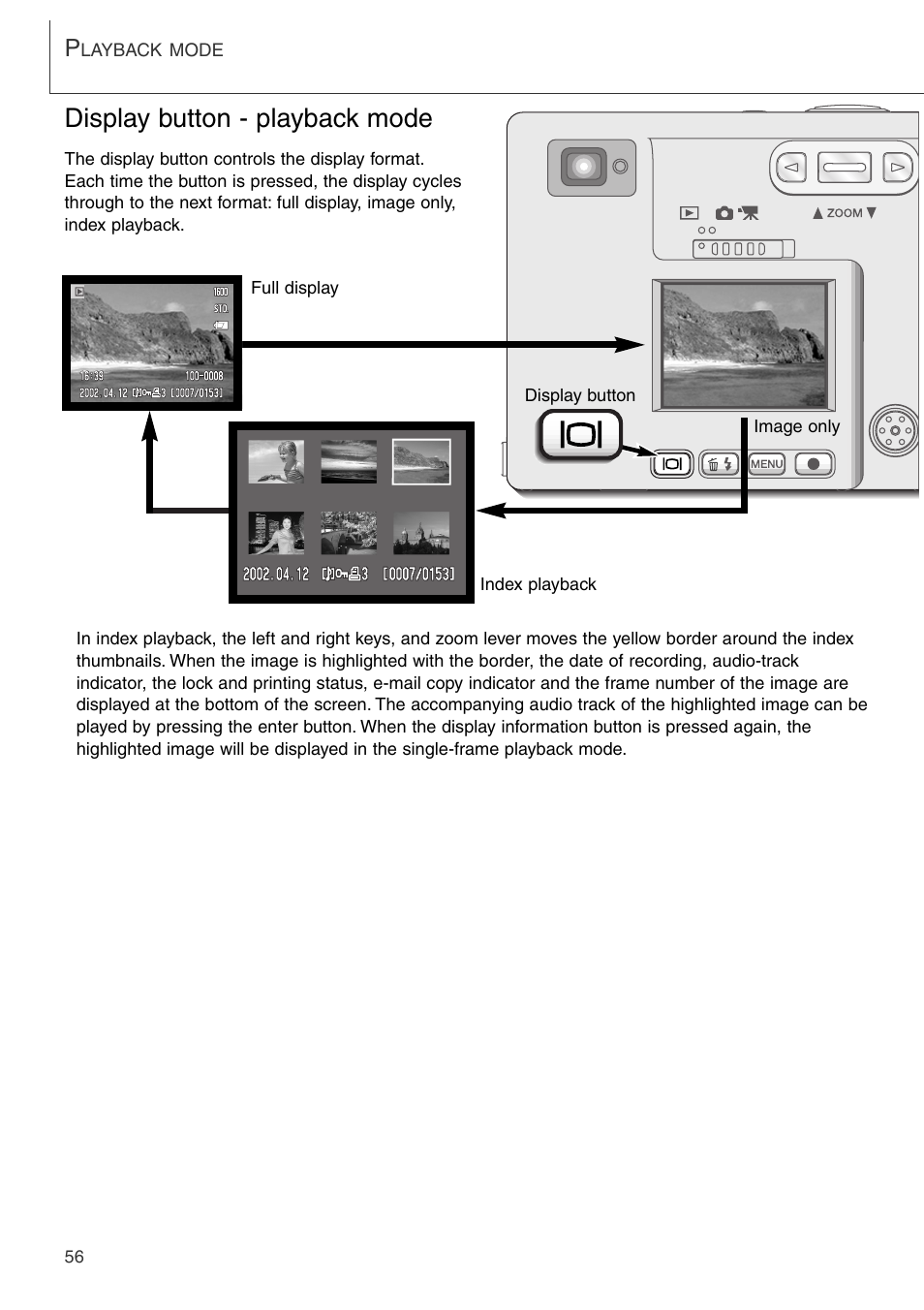 Viewing images and playing back audio recordings, Display button - playback mode | Konica Minolta DiMAGE Xi User Manual | Page 56 / 96