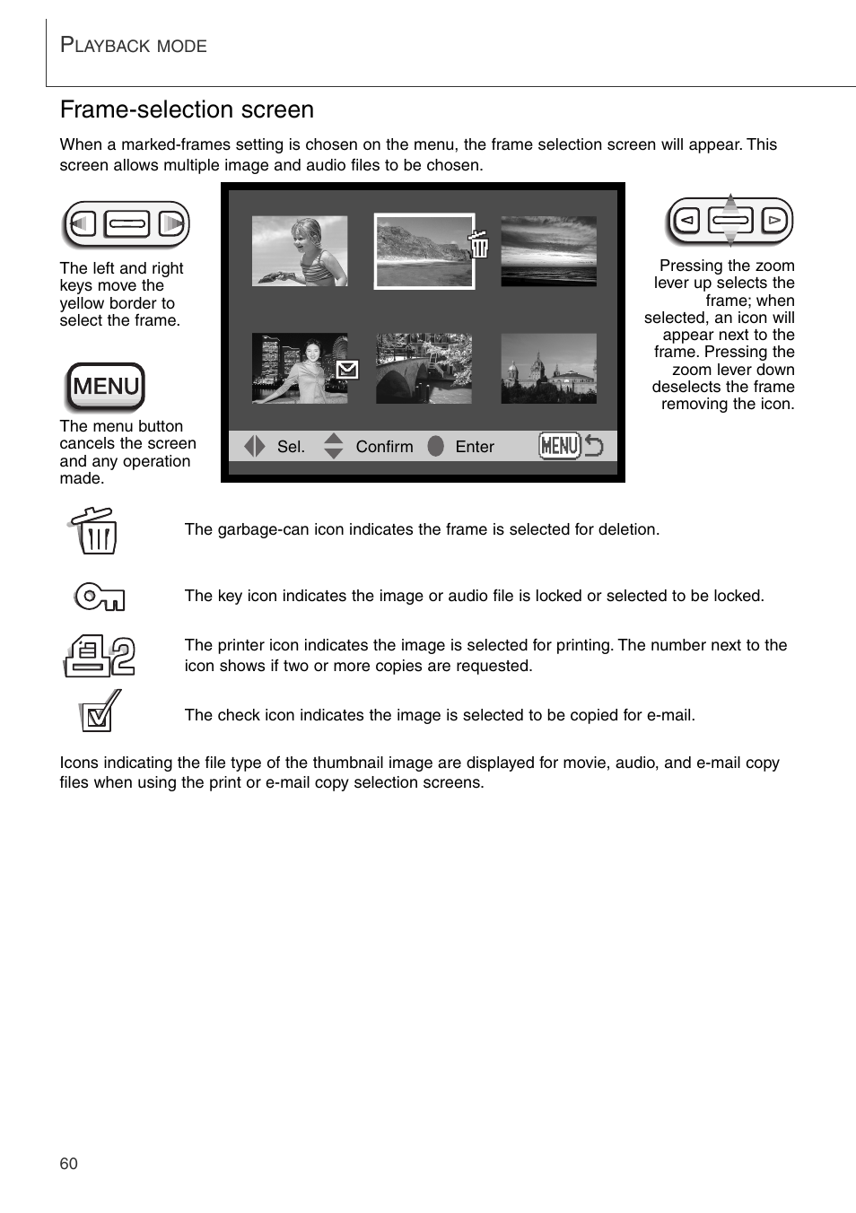 Frame-selection screen | Konica Minolta DiMAGE Xi User Manual | Page 60 / 96