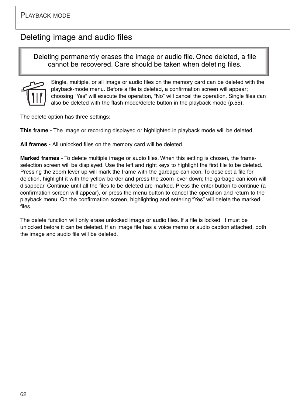 Deleting image and audio files | Konica Minolta DiMAGE Xi User Manual | Page 62 / 96