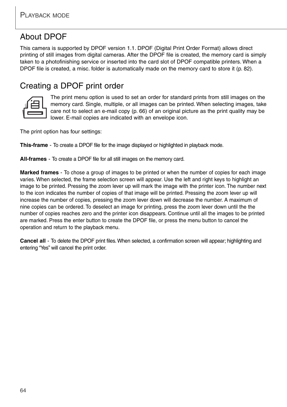 About dpof creating a dpof print order, About dpof, Creating a dpof print order | Konica Minolta DiMAGE Xi User Manual | Page 64 / 96