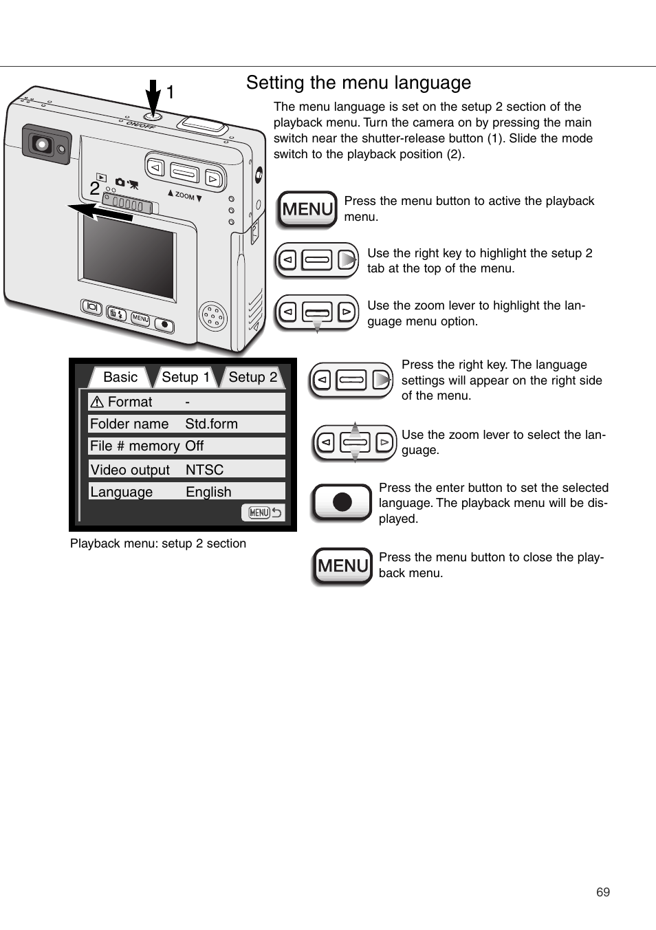 Setting the language, 21 setting the menu language | Konica Minolta DiMAGE Xi User Manual | Page 69 / 96