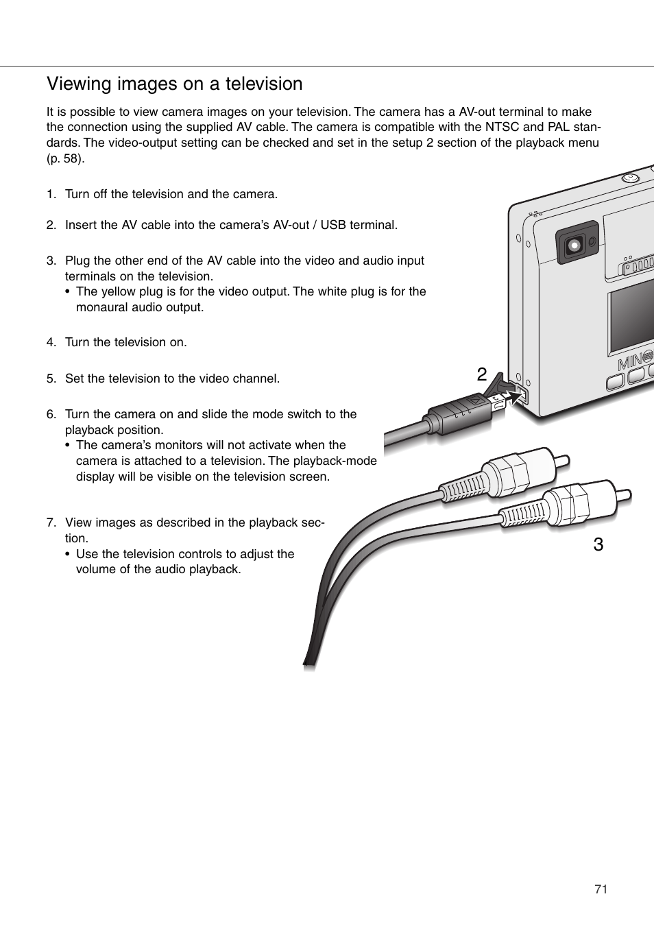 Viewing images on a television | Konica Minolta DiMAGE Xi User Manual | Page 71 / 96