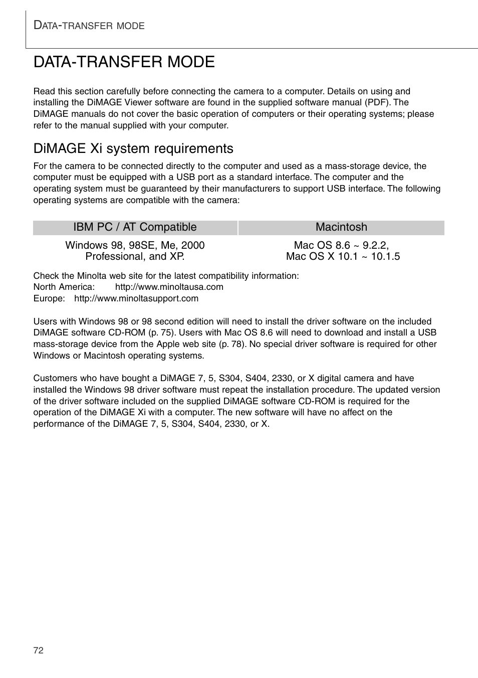 Data-transfer mode, Dimage xi system requirements | Konica Minolta DiMAGE Xi User Manual | Page 72 / 96