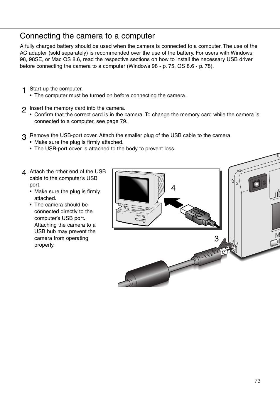Connecting the camera to a computer | Konica Minolta DiMAGE Xi User Manual | Page 73 / 96