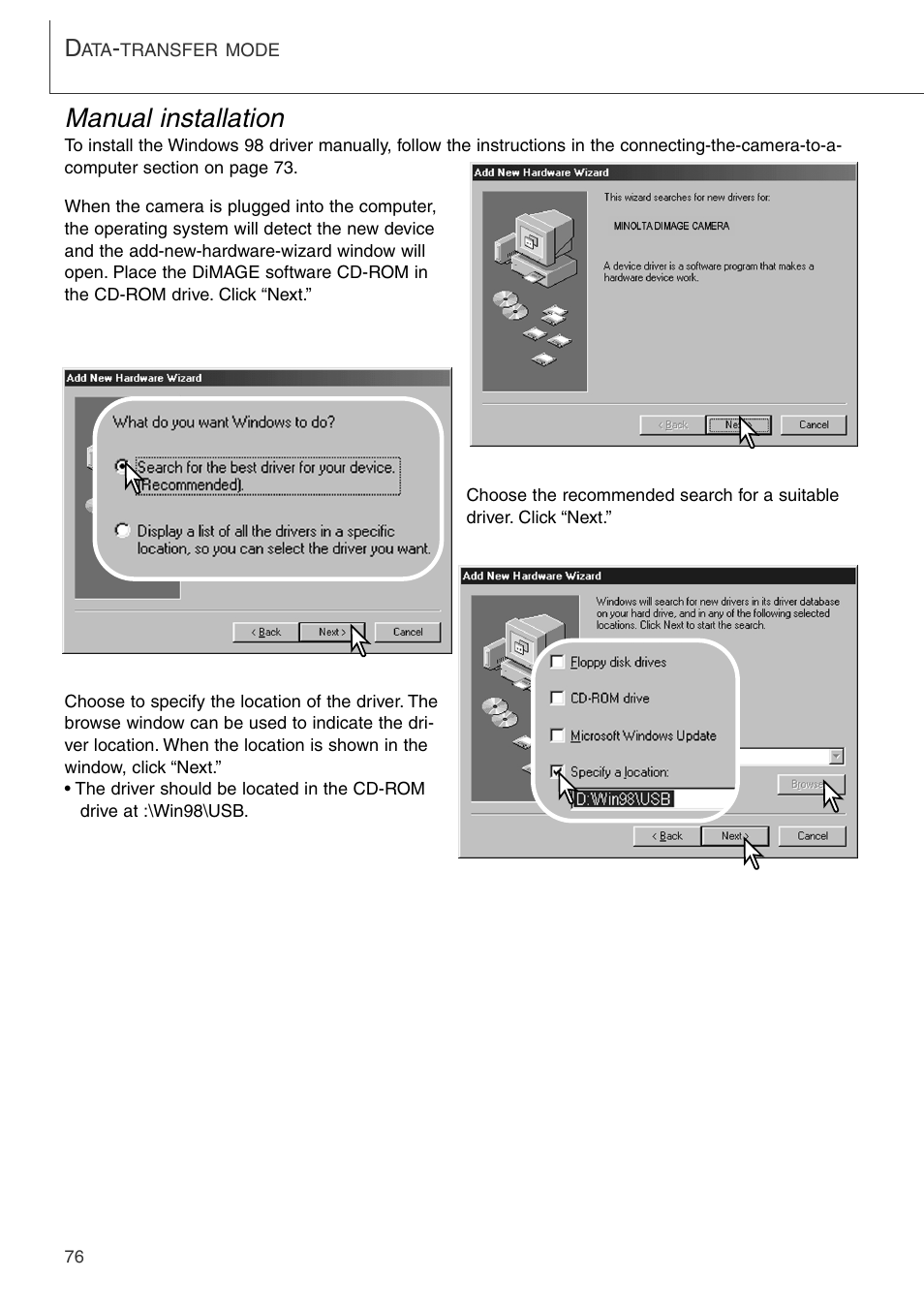 Manual installation | Konica Minolta DiMAGE Xi User Manual | Page 76 / 96
