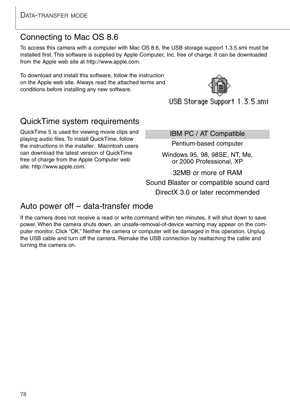 Connecting to mac os 8.6, Auto power off – data-transfer mode, Quicktime system requirements | Konica Minolta DiMAGE Xi User Manual | Page 78 / 96