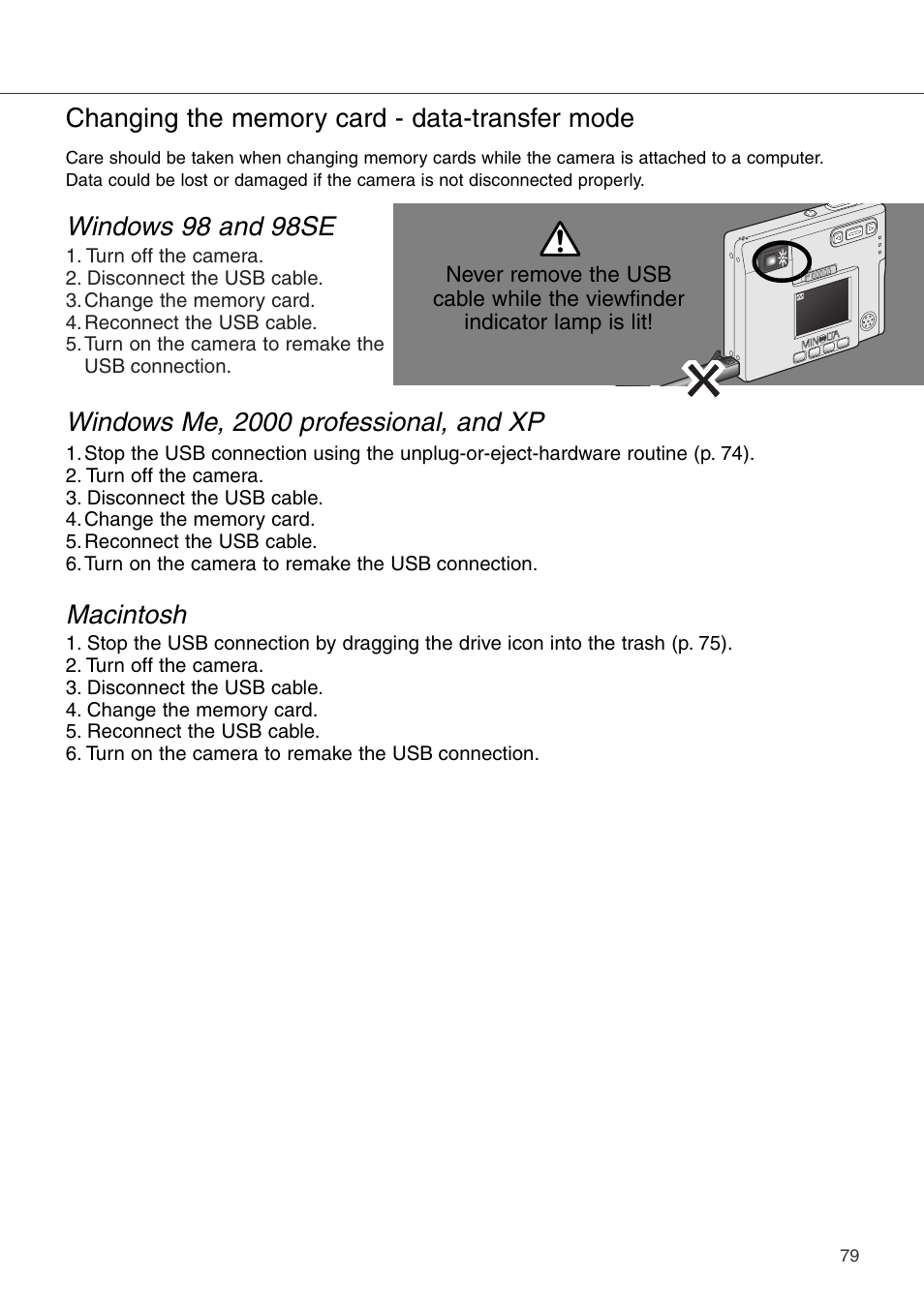 Changing the memory card - data-transfer mode, Windows me, 2000 professional, and xp macintosh, Windows 98 and 98se | Konica Minolta DiMAGE Xi User Manual | Page 79 / 96