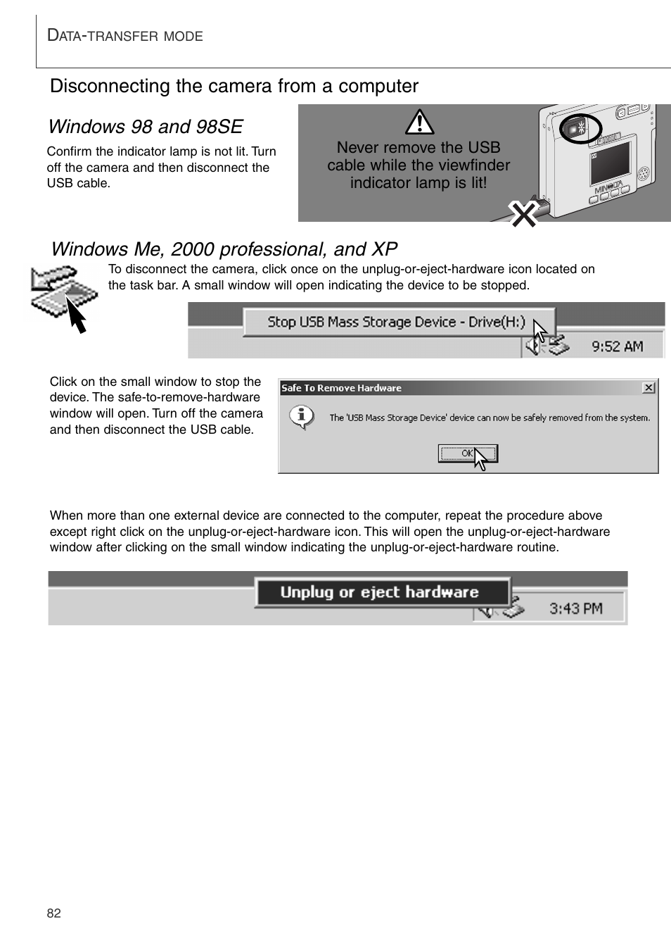 Disconnecting the camera from the computer, Windows 98 and 98se | Konica Minolta DiMAGE Xi User Manual | Page 82 / 96