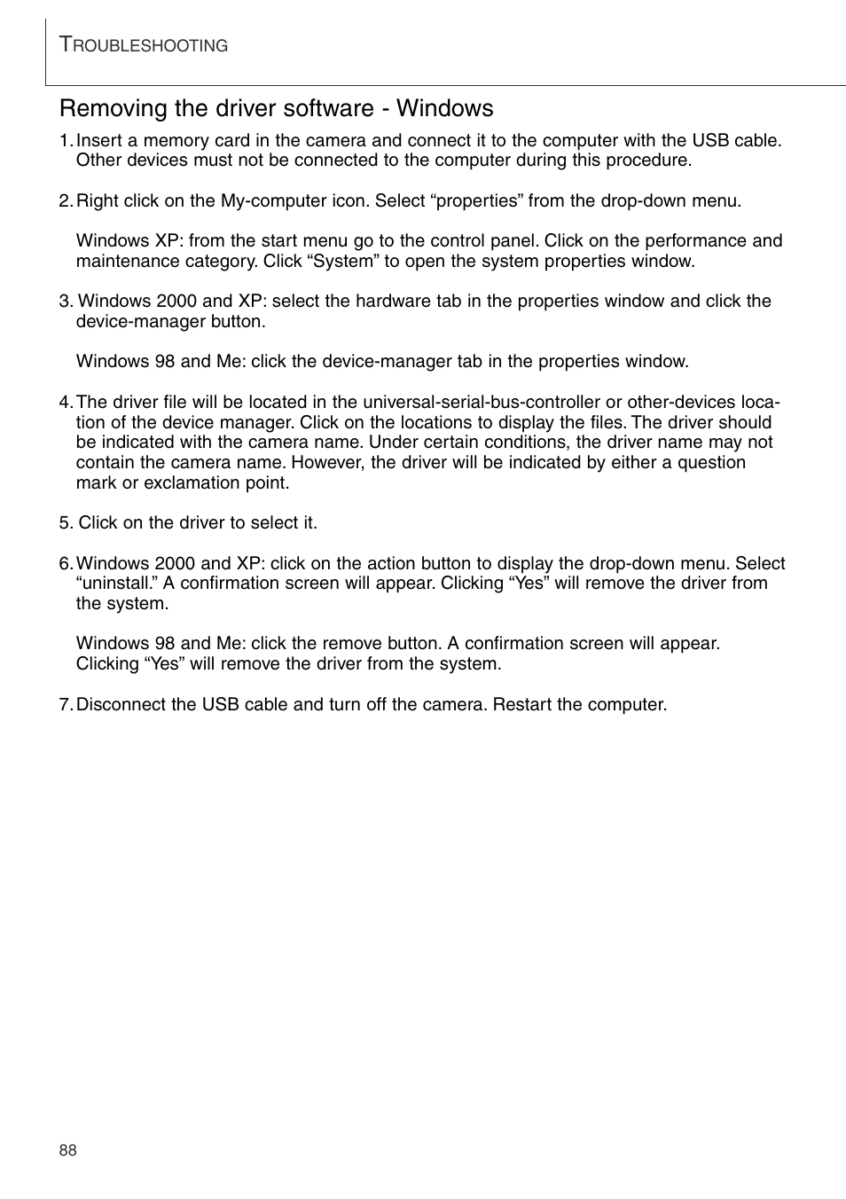 Removing the driver software - windows | Konica Minolta DiMAGE Xi User Manual | Page 88 / 96