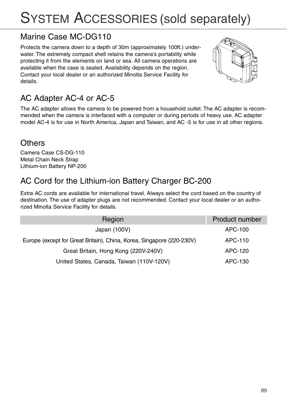 System accessories (sold separately), Sold separately), Ystem | Ccessories | Konica Minolta DiMAGE Xi User Manual | Page 89 / 96