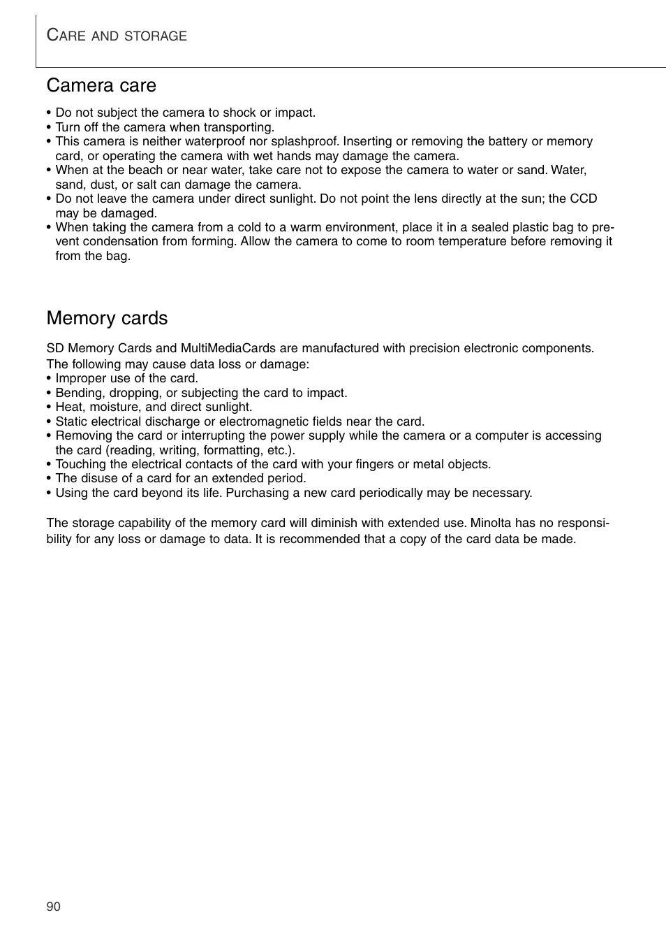Care and storage, Camera care | Konica Minolta DiMAGE Xi User Manual | Page 90 / 96