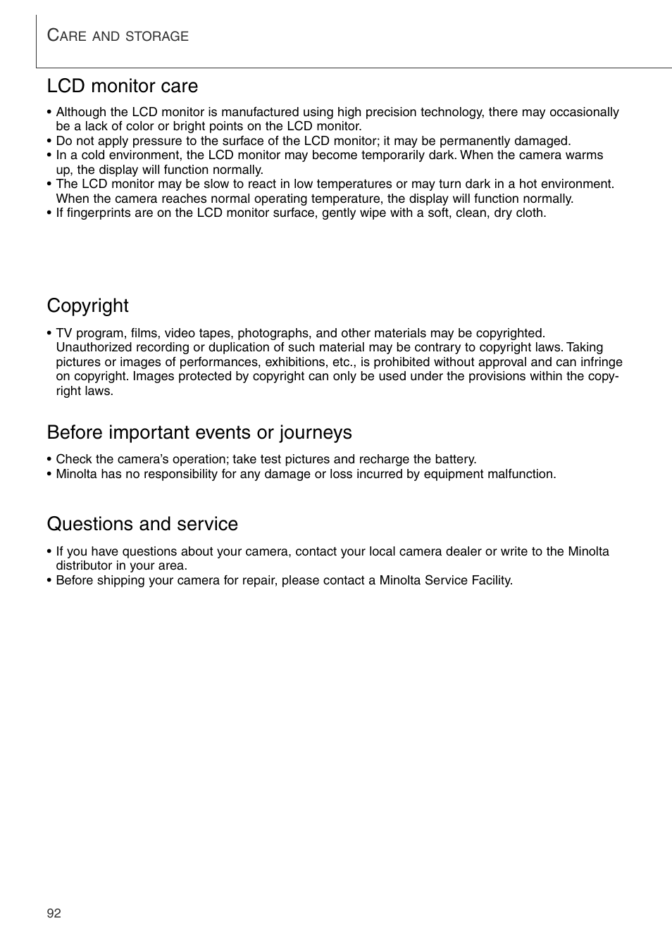 Copyright, Lcd monitor care | Konica Minolta DiMAGE Xi User Manual | Page 92 / 96