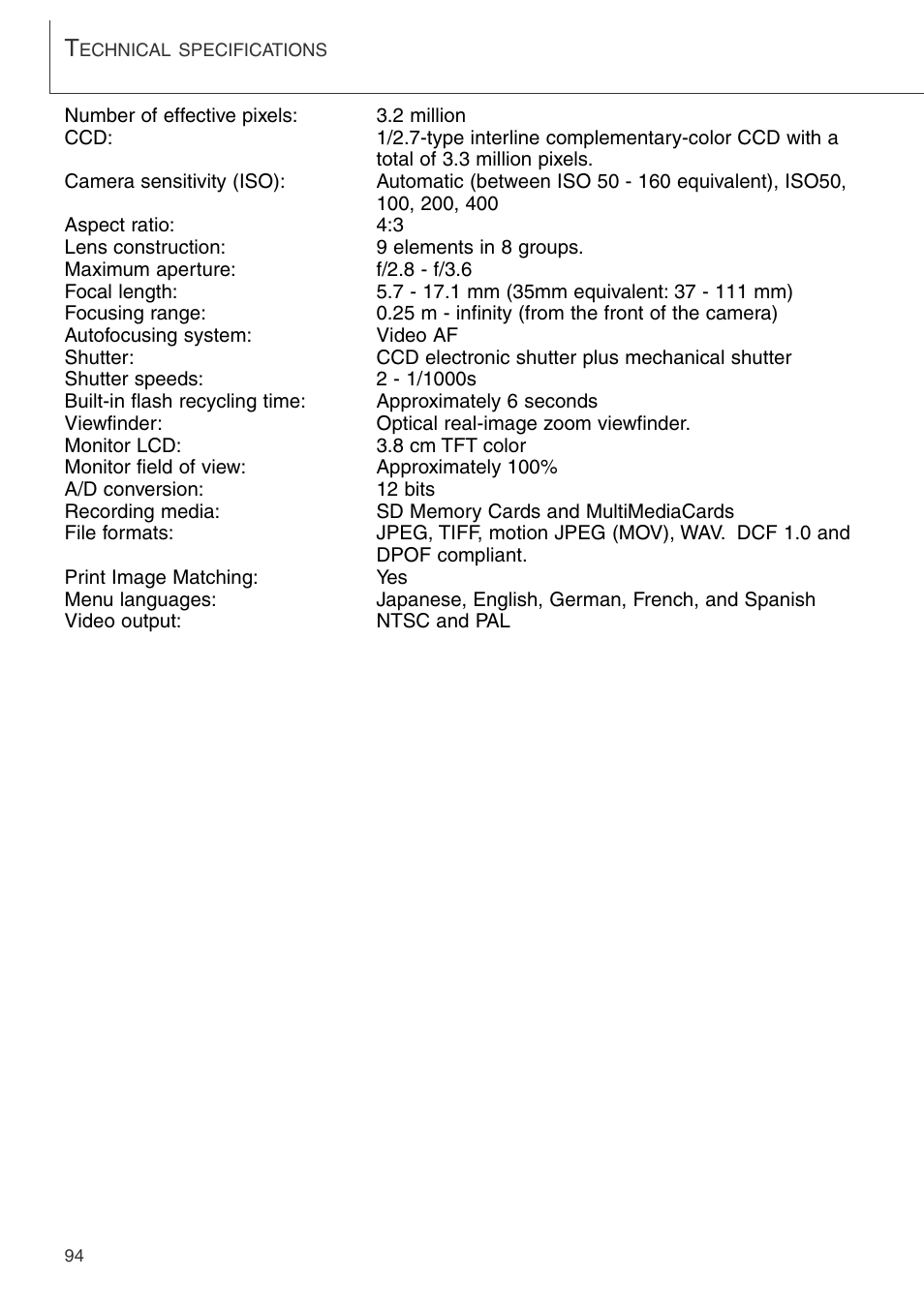 Technical specifications | Konica Minolta DiMAGE Xi User Manual | Page 94 / 96