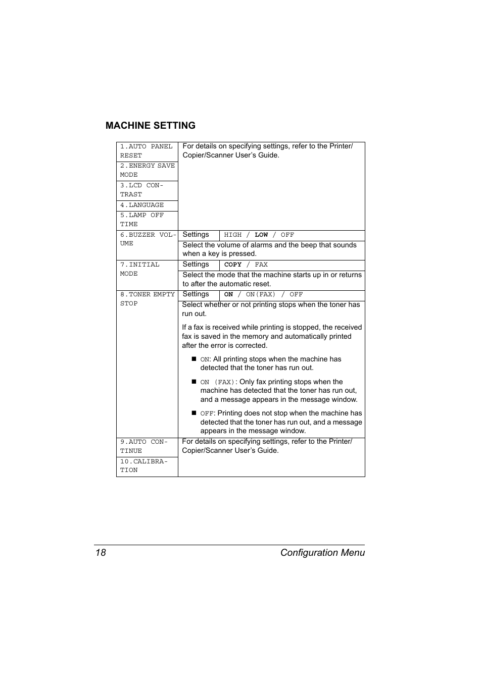 Machine setting, Machine setting 18, Configuration menu 18 machine setting | Konica Minolta 4556-9598-01A User Manual | Page 24 / 84