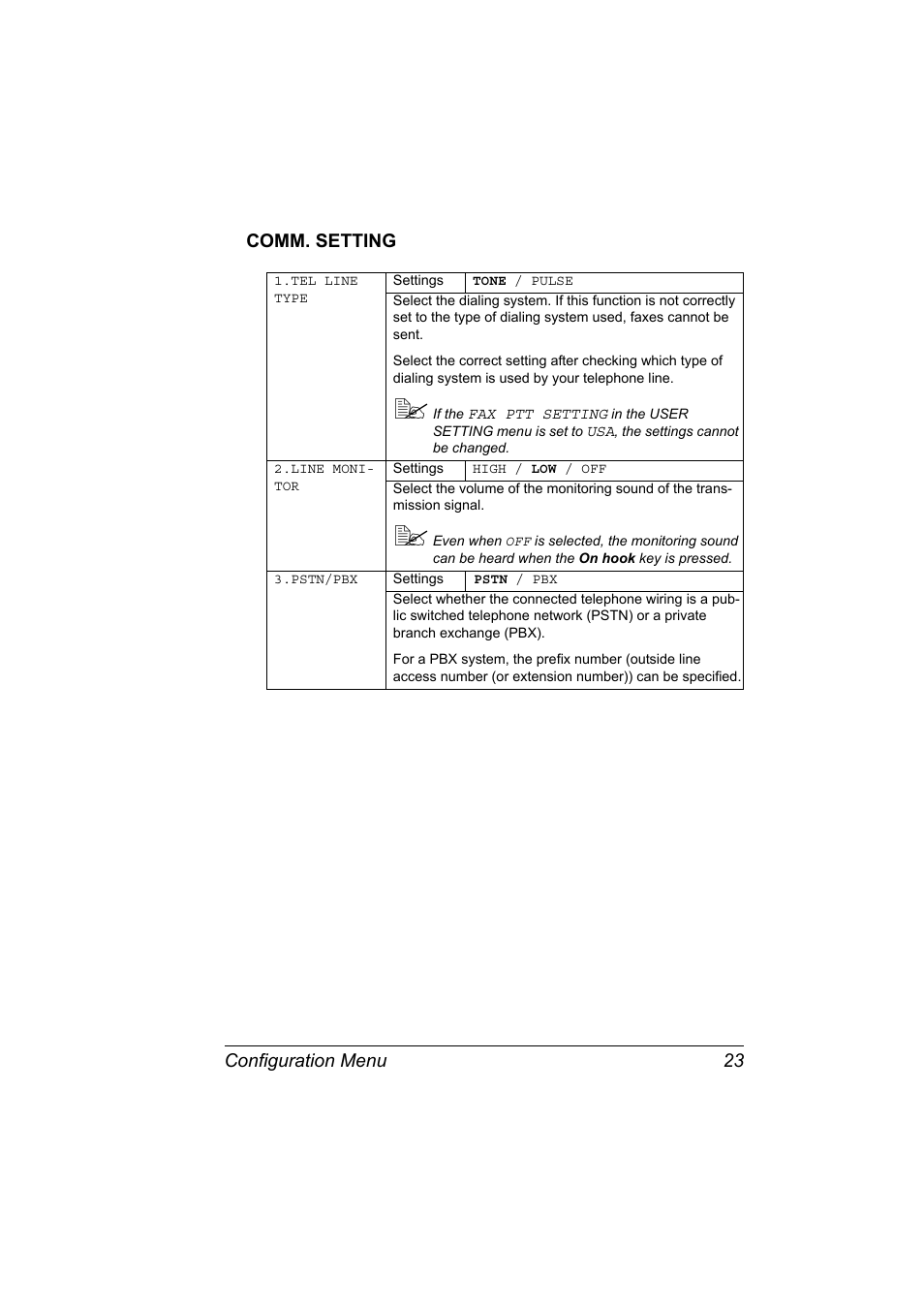 Comm. setting, Comm. setting 23, Configuration menu 23 comm. setting | Konica Minolta 4556-9598-01A User Manual | Page 29 / 84