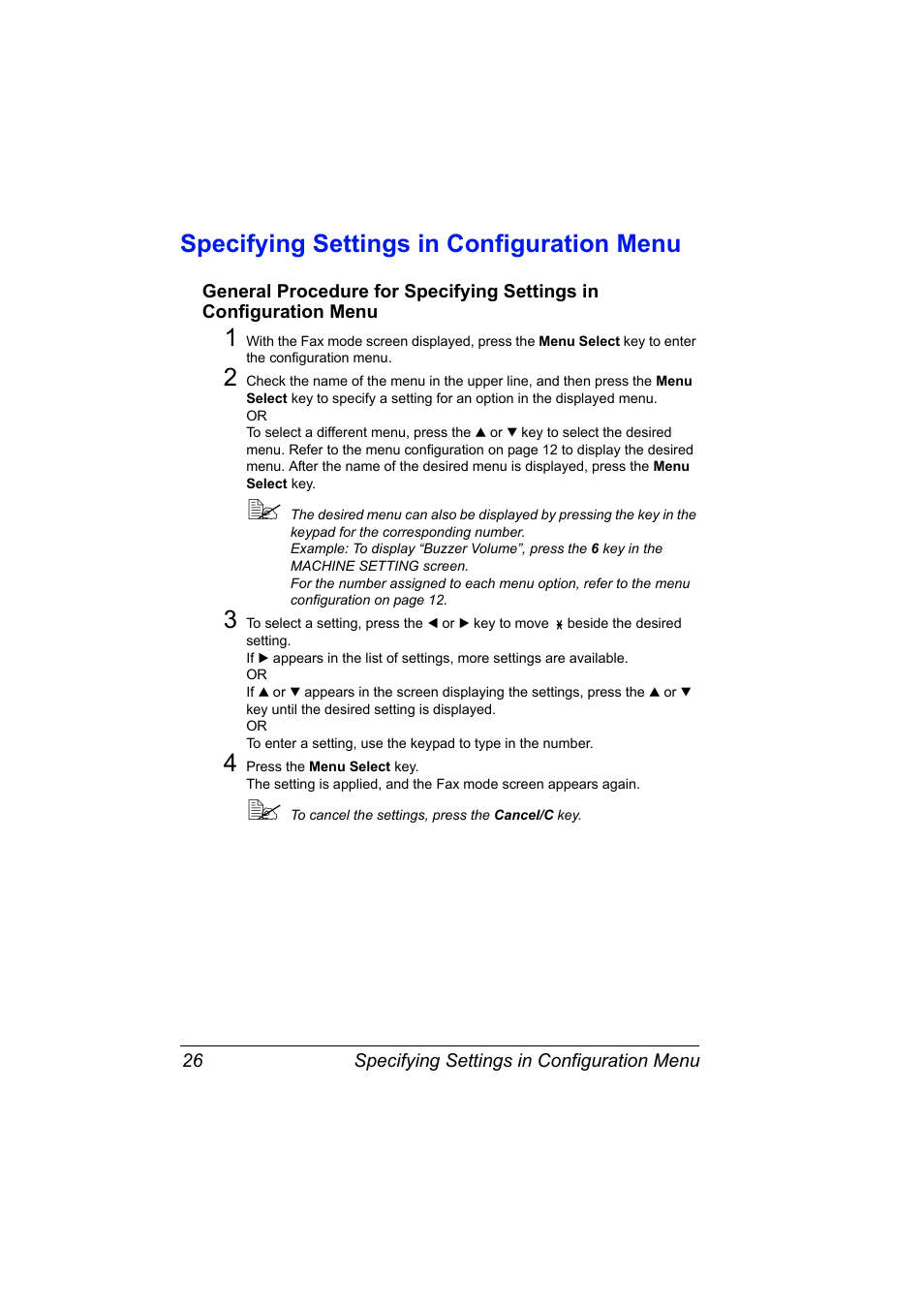 Specifying settings in configuration menu, Specifying settings in configuration menu 26 | Konica Minolta 4556-9598-01A User Manual | Page 32 / 84