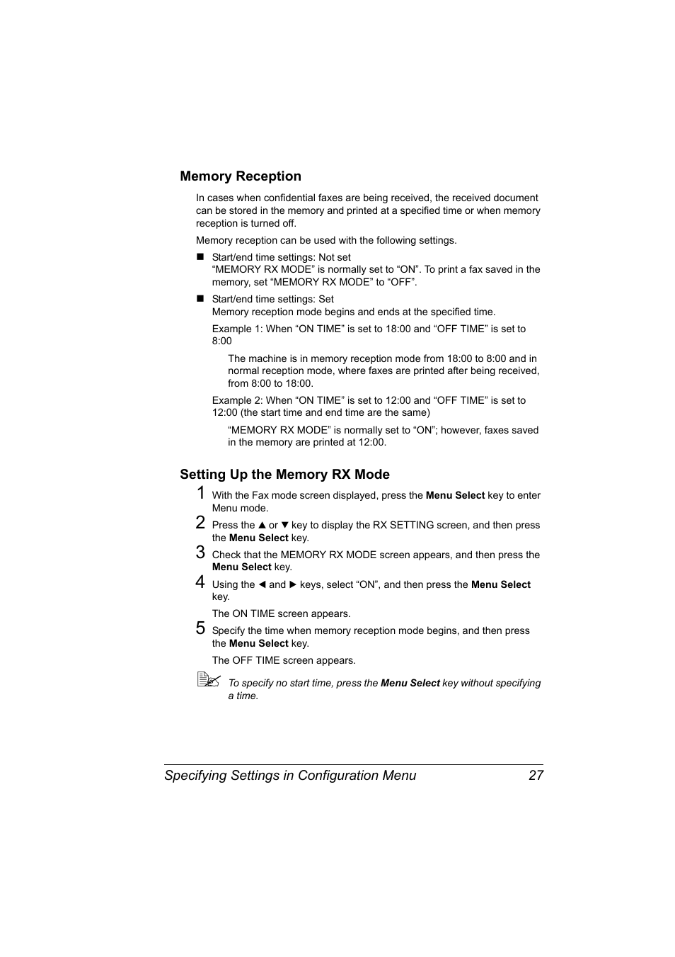 Memory reception, Setting up the memory rx mode | Konica Minolta 4556-9598-01A User Manual | Page 33 / 84