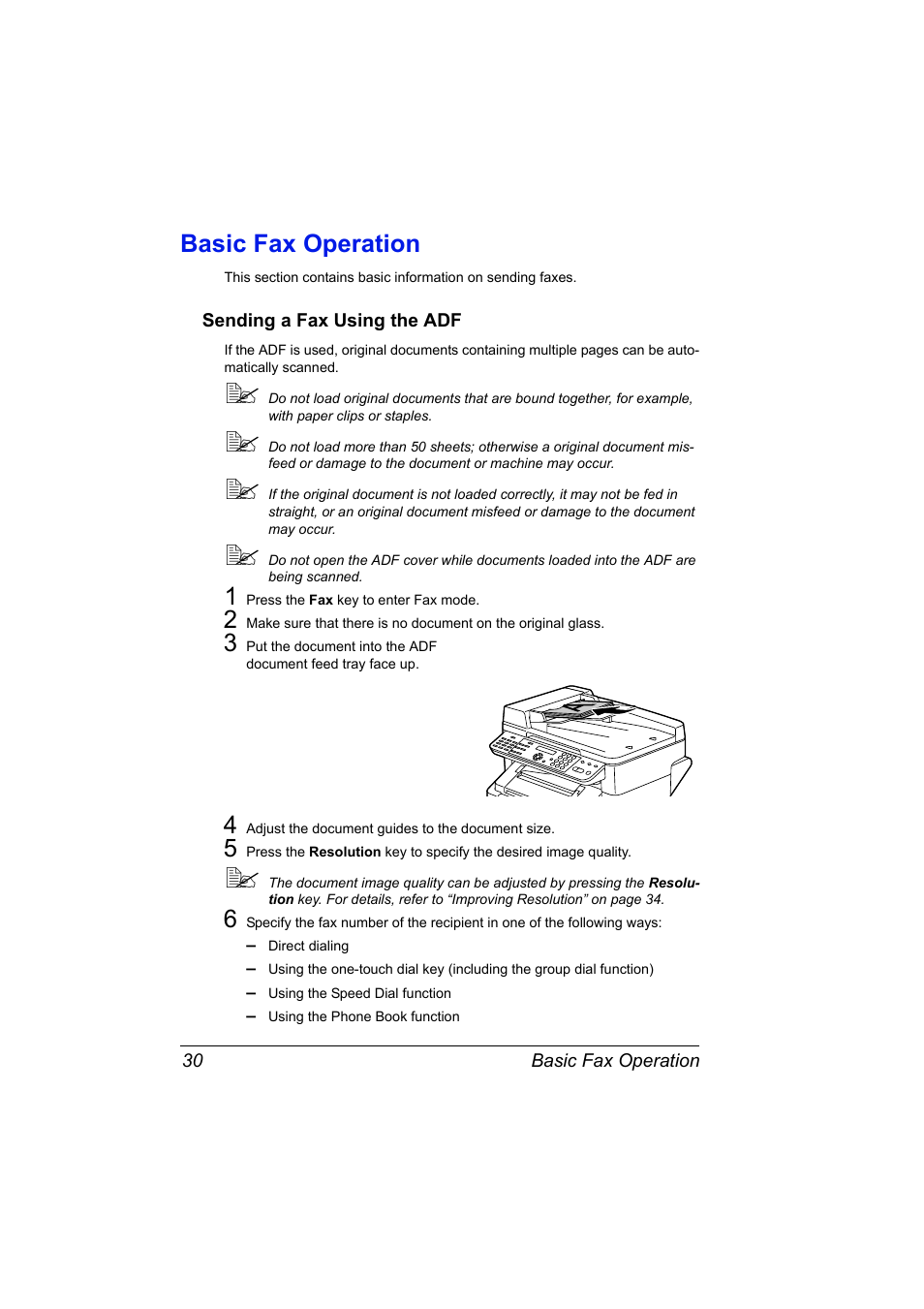 Basic fax operation, Sending a fax using the adf, Basic fax operation 30 | Sending a fax using the adf 30 | Konica Minolta 4556-9598-01A User Manual | Page 36 / 84