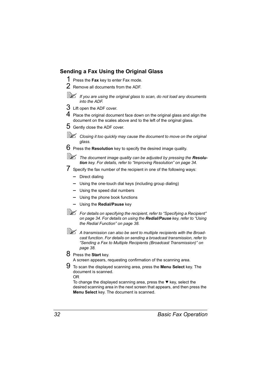 Sending a fax using the original glass, Sending a fax using the original glass 32 | Konica Minolta 4556-9598-01A User Manual | Page 38 / 84