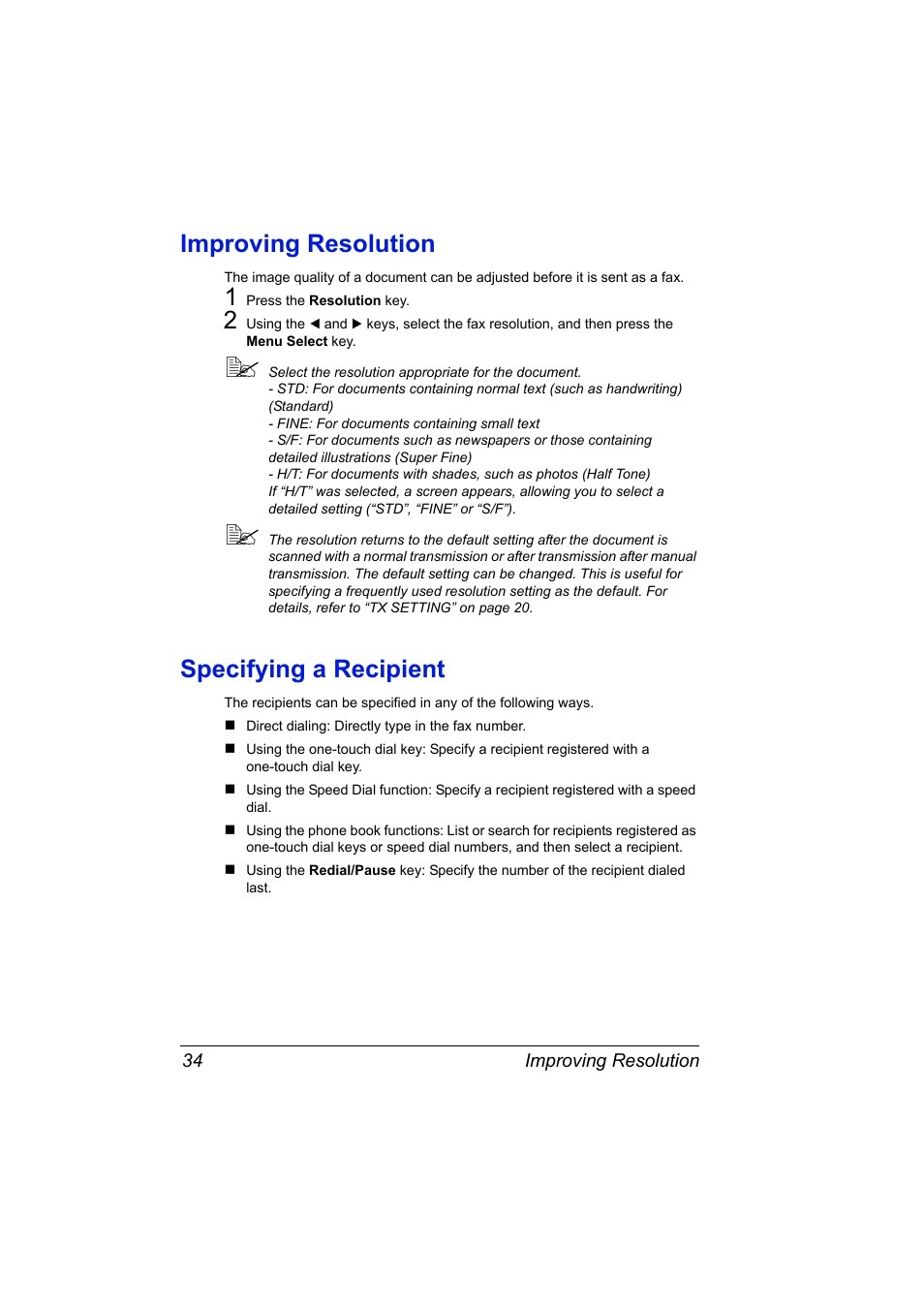 Improving resolution, Specifying a recipient, Improving resolution 34 specifying a recipient 34 | Konica Minolta 4556-9598-01A User Manual | Page 40 / 84