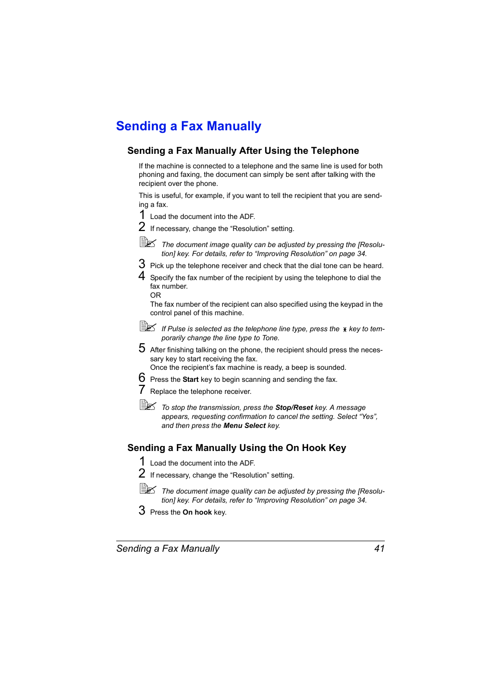 Sending a fax manually, Sending a fax manually after using the telephone, Sending a fax manually using the on hook key | Sending a fax manually 41 | Konica Minolta 4556-9598-01A User Manual | Page 47 / 84