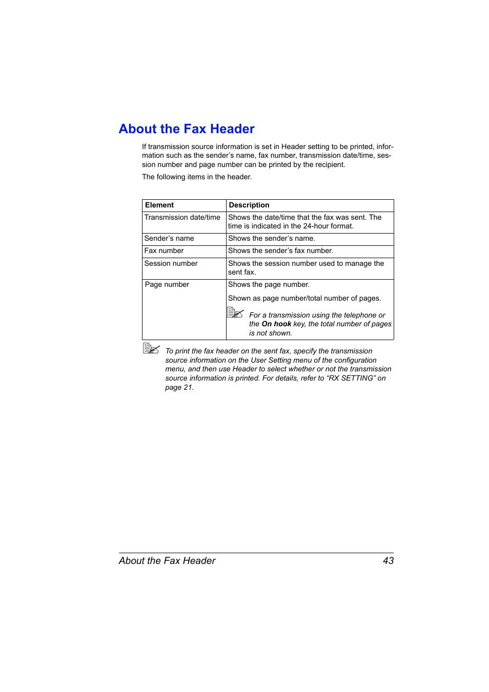 About the fax header, About the fax header 43 | Konica Minolta 4556-9598-01A User Manual | Page 49 / 84