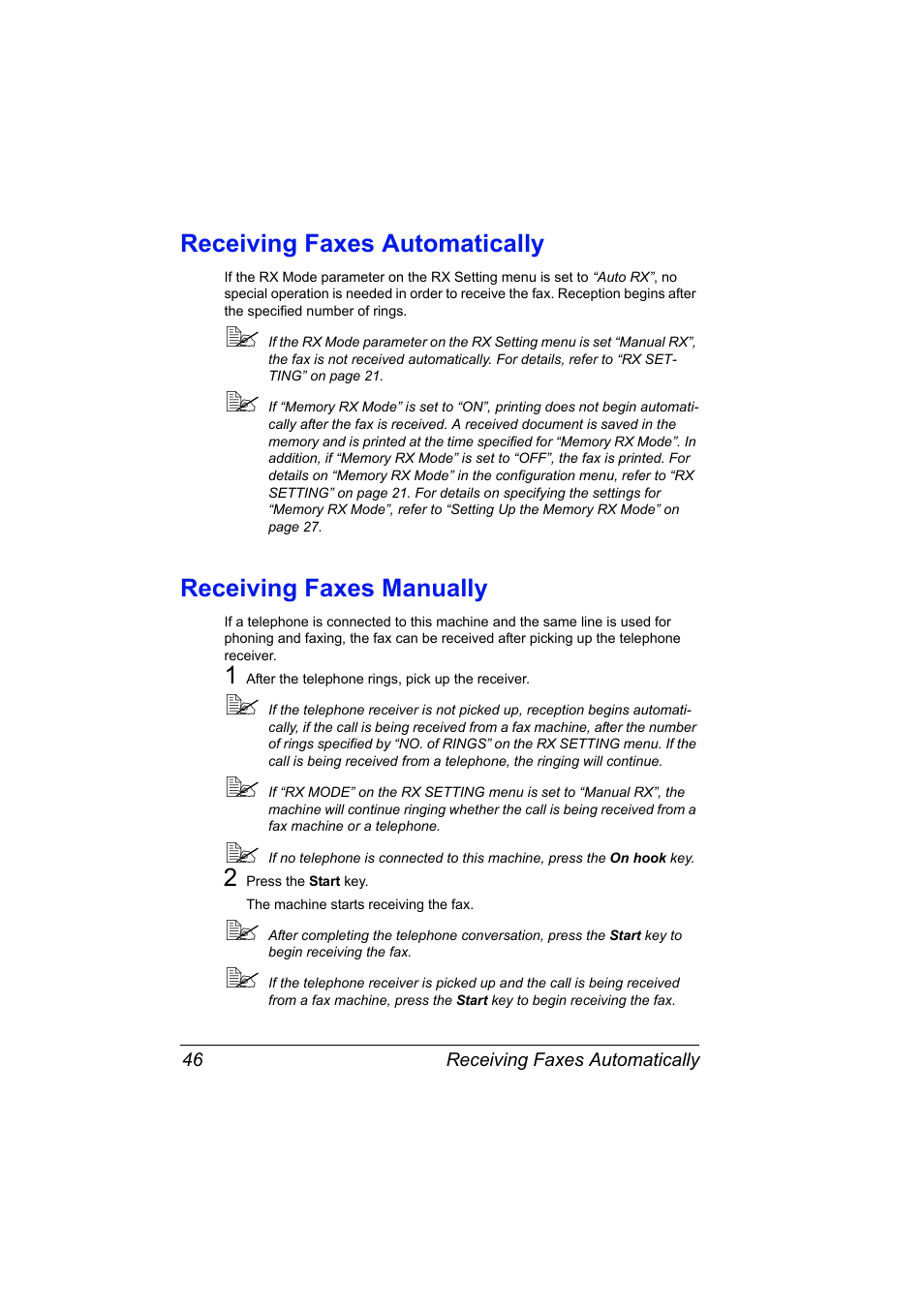 Receiving faxes automatically, Receiving faxes manually | Konica Minolta 4556-9598-01A User Manual | Page 52 / 84