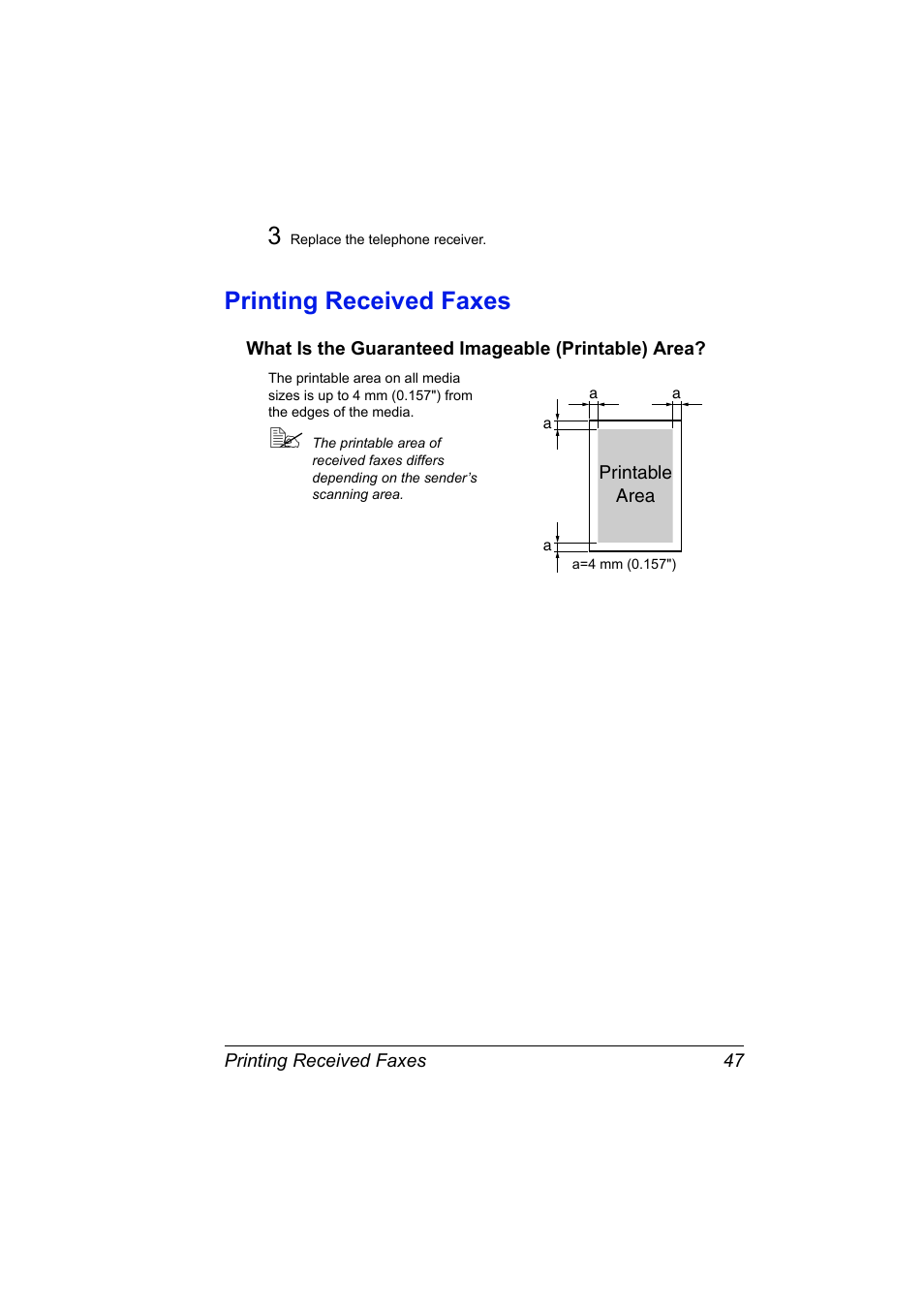 Printing received faxes, What is the guaranteed imageable (printable) area, Printing received faxes 47 | Konica Minolta 4556-9598-01A User Manual | Page 53 / 84