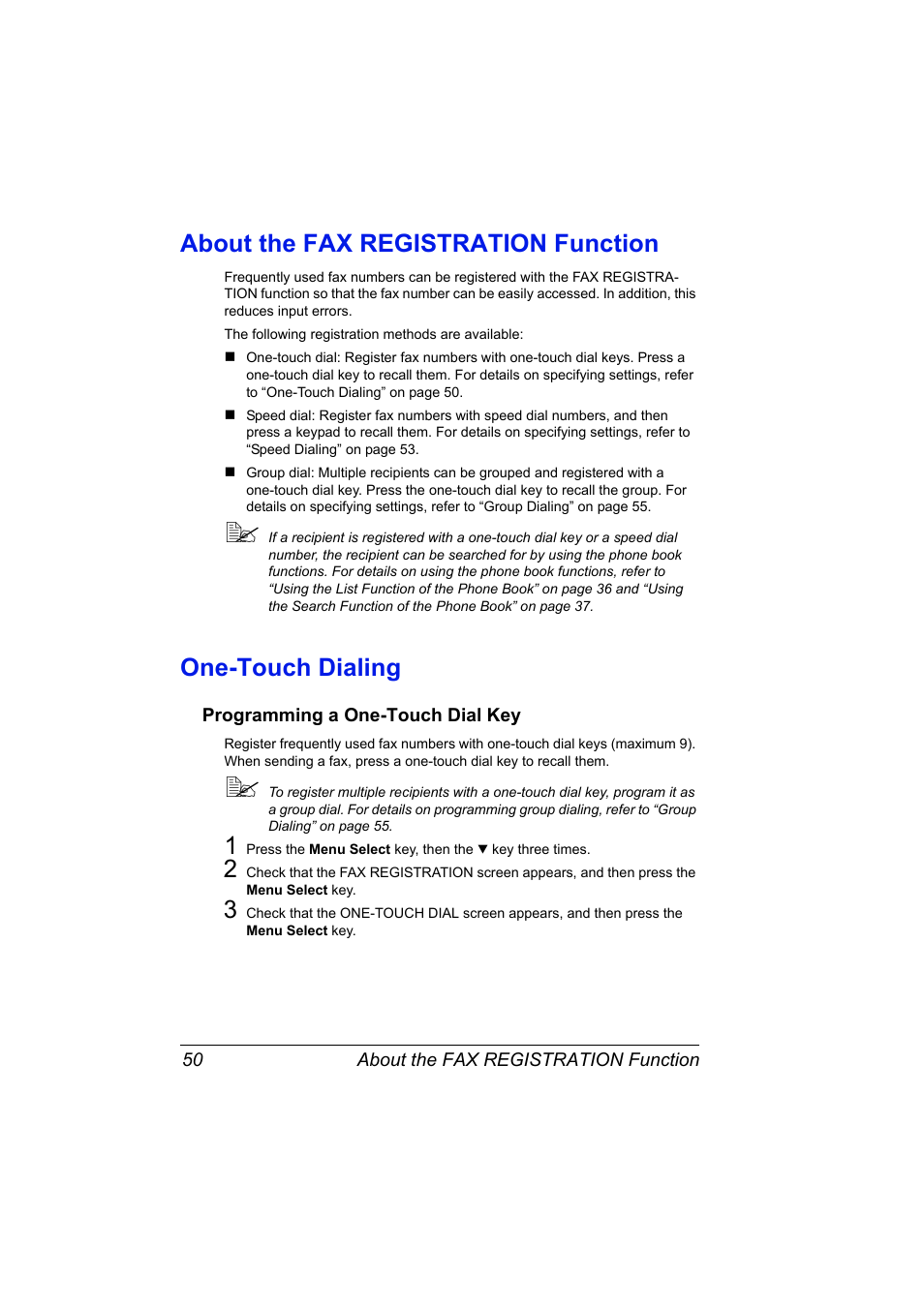 About the fax registration function, One-touch dialing, Programming a one-touch dial key | Programming a one-touch dial key 50 | Konica Minolta 4556-9598-01A User Manual | Page 56 / 84