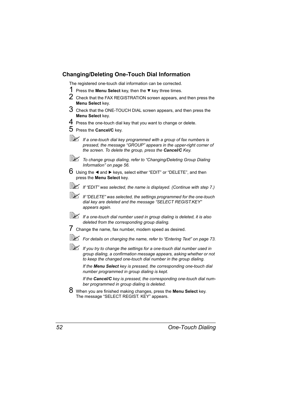 Changing/deleting one-touch dial information, Changing/deleting one-touch dial information 52 | Konica Minolta 4556-9598-01A User Manual | Page 58 / 84