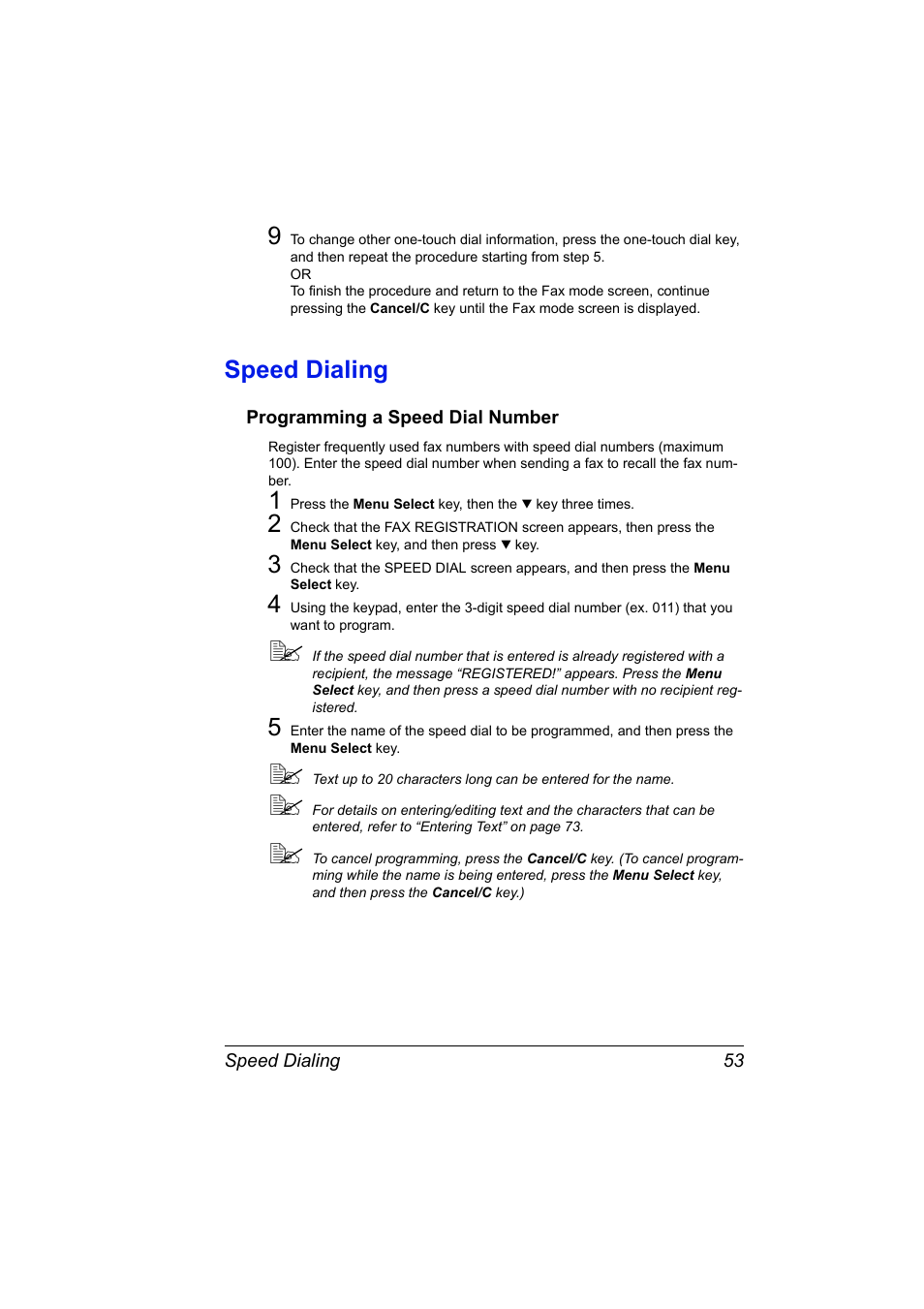 Speed dialing, Programming a speed dial number, Speed dialing 53 | Programming a speed dial number 53 | Konica Minolta 4556-9598-01A User Manual | Page 59 / 84