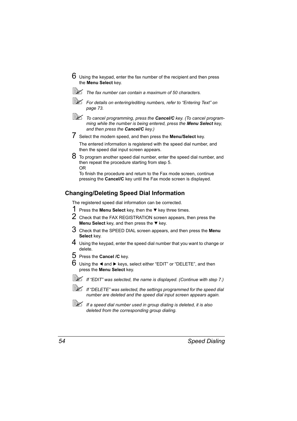 Changing/deleting speed dial information, Changing/deleting speed dial information 54 | Konica Minolta 4556-9598-01A User Manual | Page 60 / 84