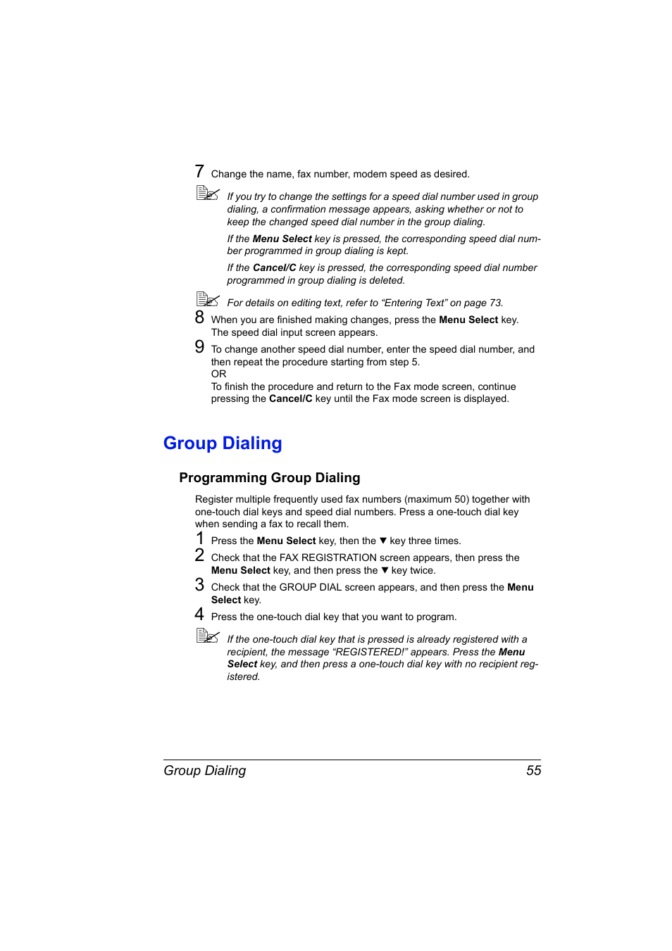 Group dialing, Programming group dialing, Group dialing 55 | Programming group dialing 55 | Konica Minolta 4556-9598-01A User Manual | Page 61 / 84