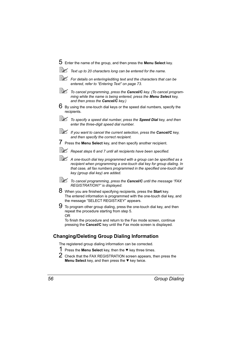 Changing/deleting group dialing information, Changing/deleting group dialing information 56 | Konica Minolta 4556-9598-01A User Manual | Page 62 / 84