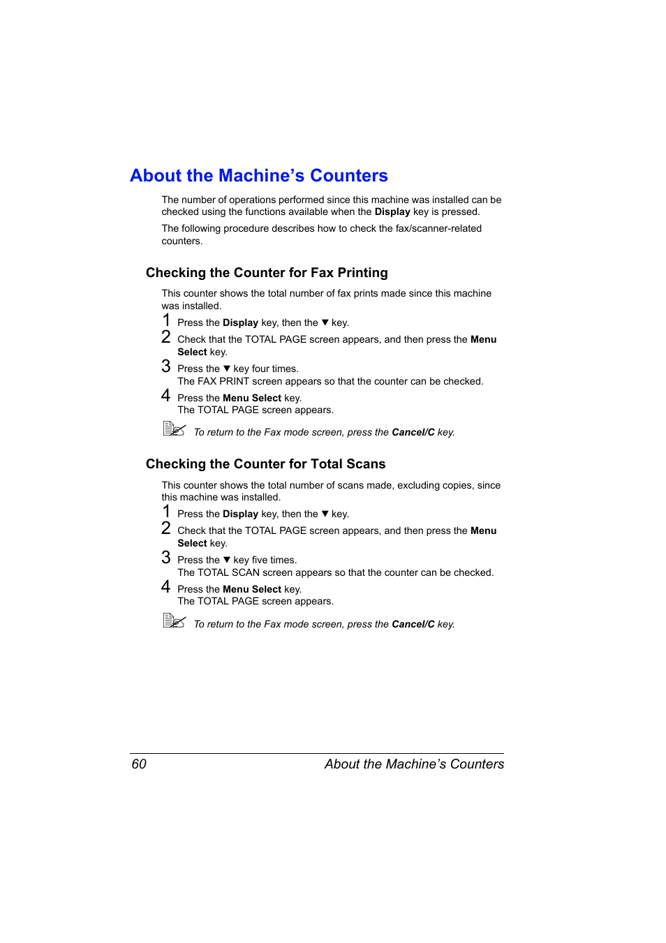 About the machine’s counters, Checking the counter for fax printing, Checking the counter for total scans | About the machine’s counters 60 | Konica Minolta 4556-9598-01A User Manual | Page 66 / 84