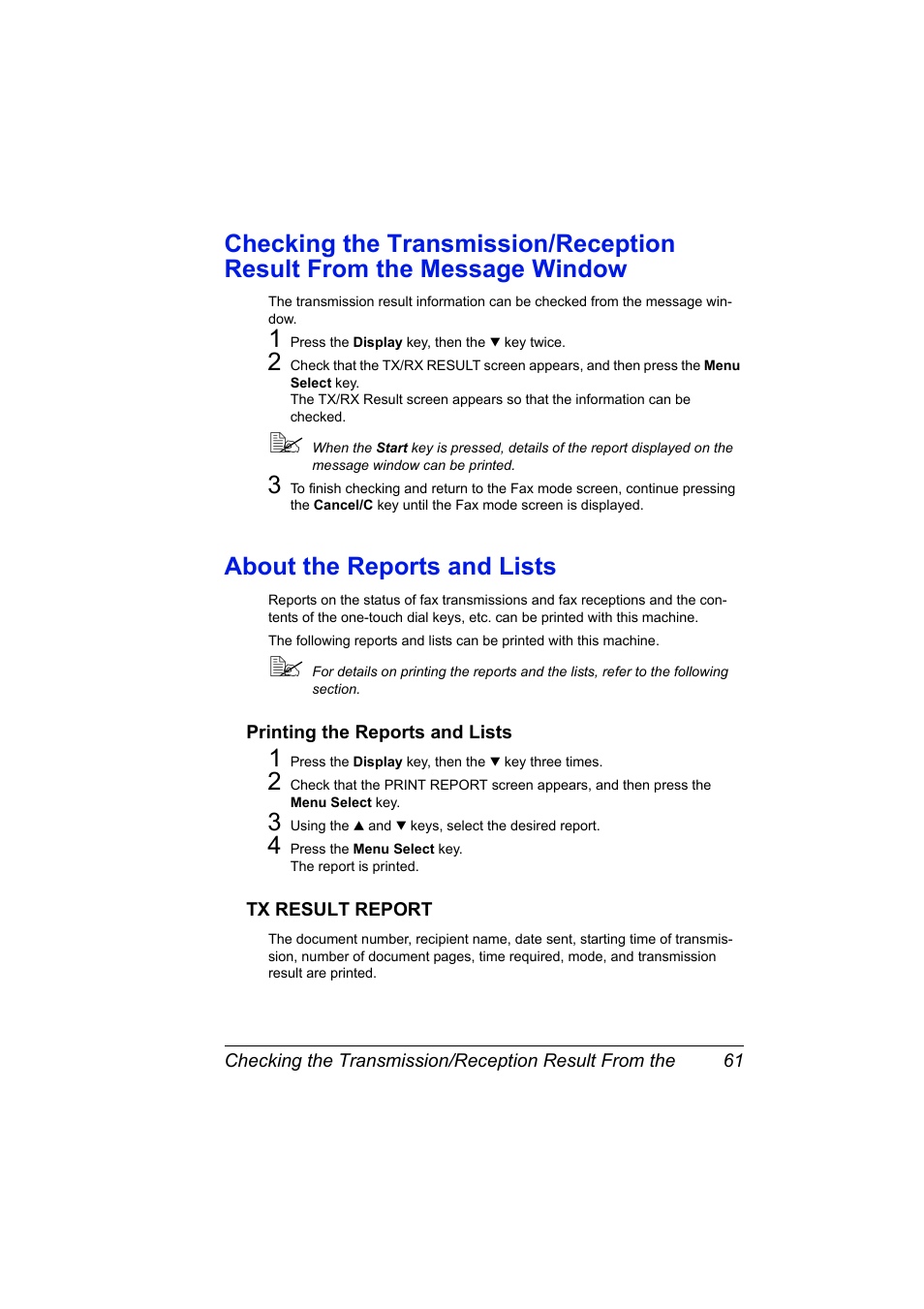 About the reports and lists, Printing the reports and lists, Tx result report | Konica Minolta 4556-9598-01A User Manual | Page 67 / 84