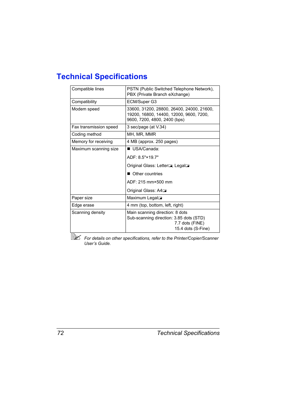 Technical specifications, Technical specifications 72 | Konica Minolta 4556-9598-01A User Manual | Page 78 / 84