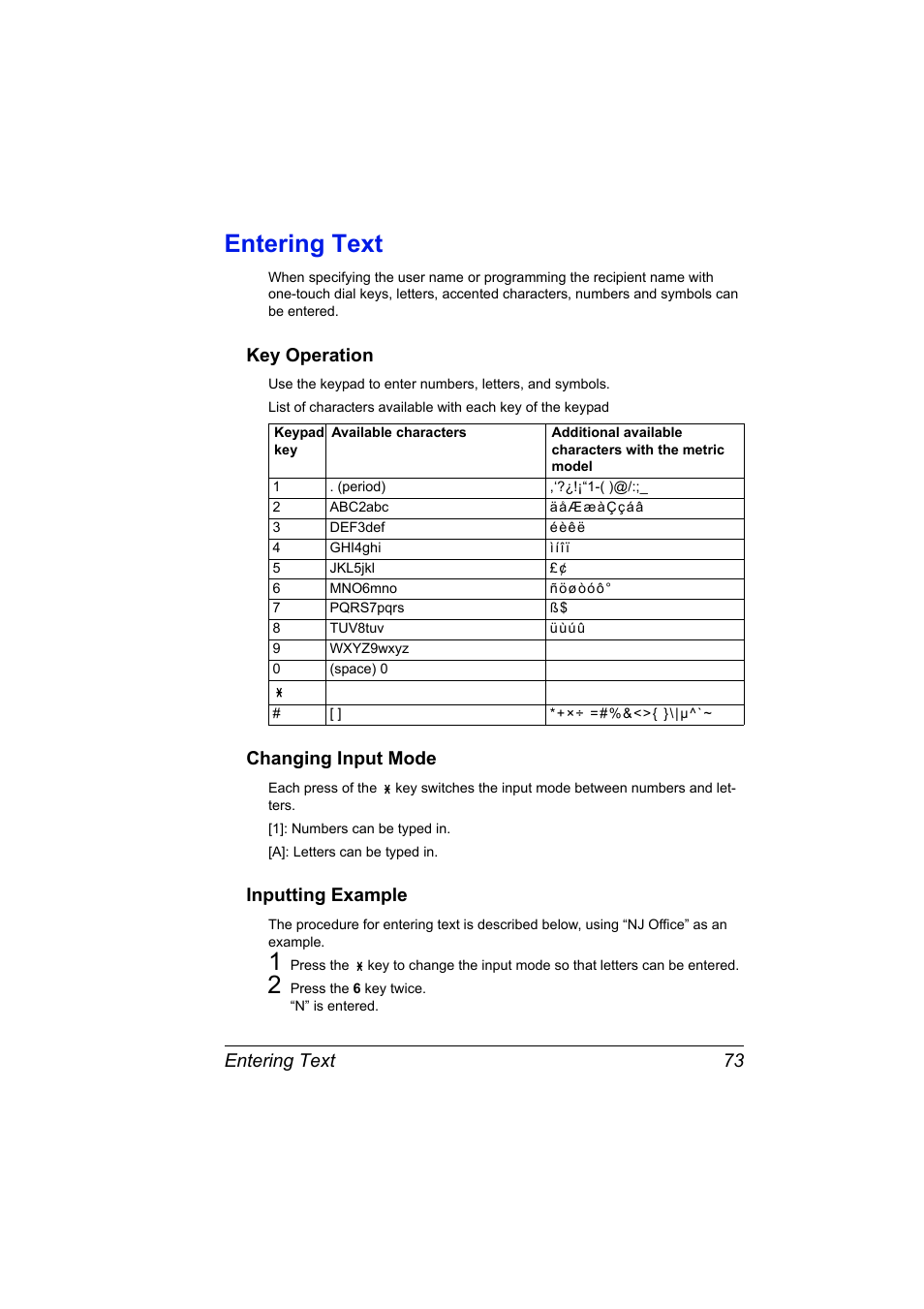Entering text, Key operation, Changing input mode | Inputting example, Entering text 73 | Konica Minolta 4556-9598-01A User Manual | Page 79 / 84