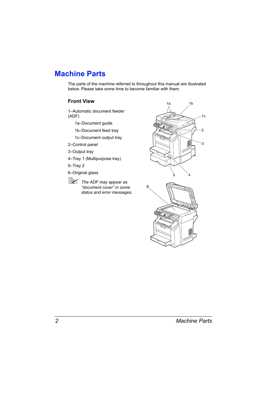 Machine parts, Front view, Machine parts 2 | Front view 2 | Konica Minolta 4556-9598-01A User Manual | Page 8 / 84