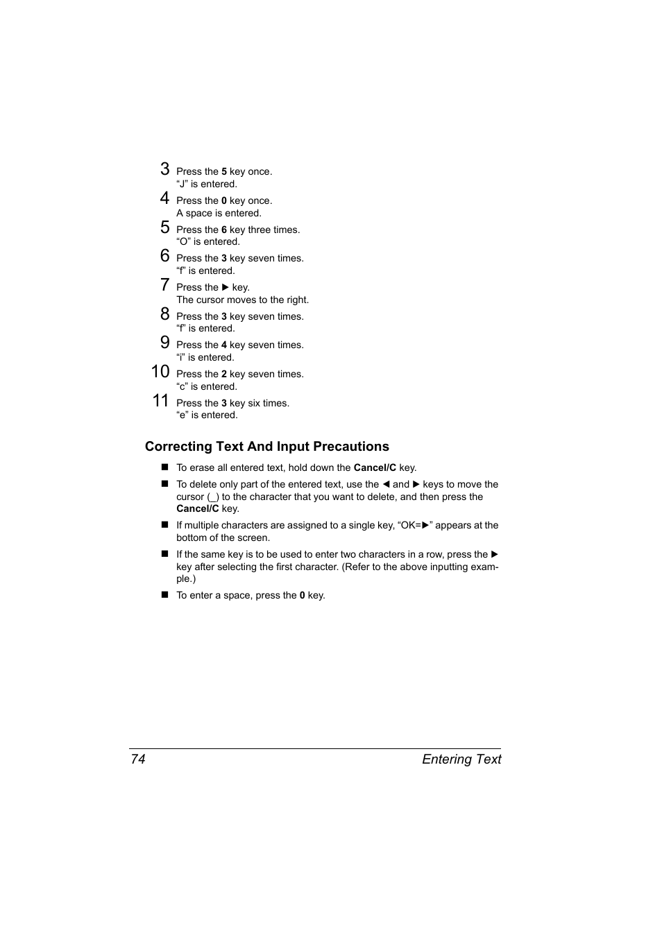 Correcting text and input precautions, Correcting text and input precautions 74 | Konica Minolta 4556-9598-01A User Manual | Page 80 / 84