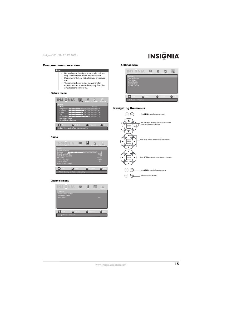 On-screen menu overview, Navigating the menus, On-screen menu overview navigating the menus | Picture menu audio channels menu settings menu | Konica Minolta NS-55E560A11 User Manual | Page 19 / 40
