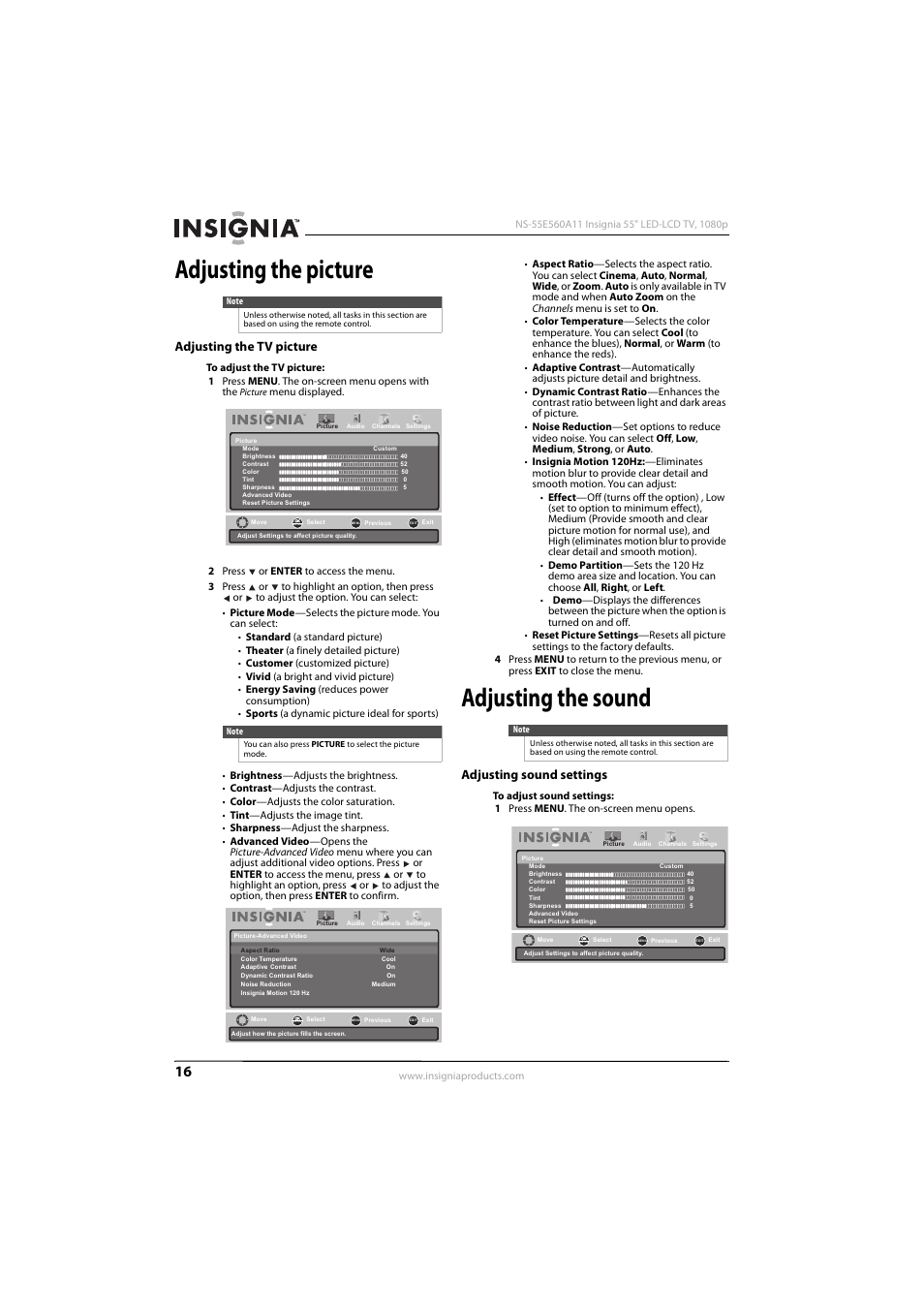 Adjusting the picture, Adjusting the tv picture, Adjusting the sound | Adjusting sound settings, E “adjusting the tv picture” o, Ee “adjusting the tv picture” o | Konica Minolta NS-55E560A11 User Manual | Page 20 / 40