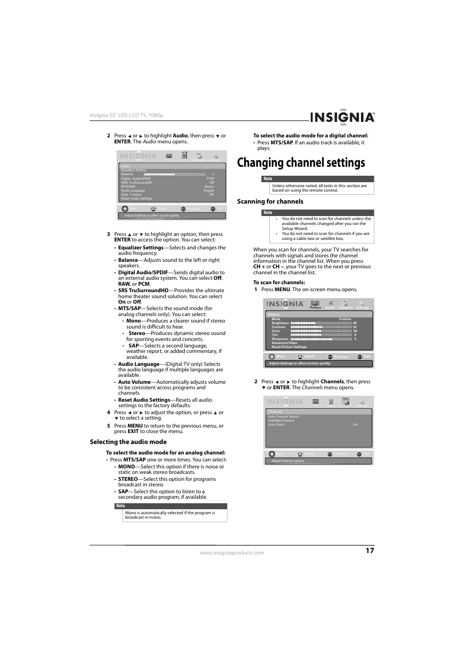 Selecting the audio mode, Changing channel settings, Scanning for channels | Konica Minolta NS-55E560A11 User Manual | Page 21 / 40