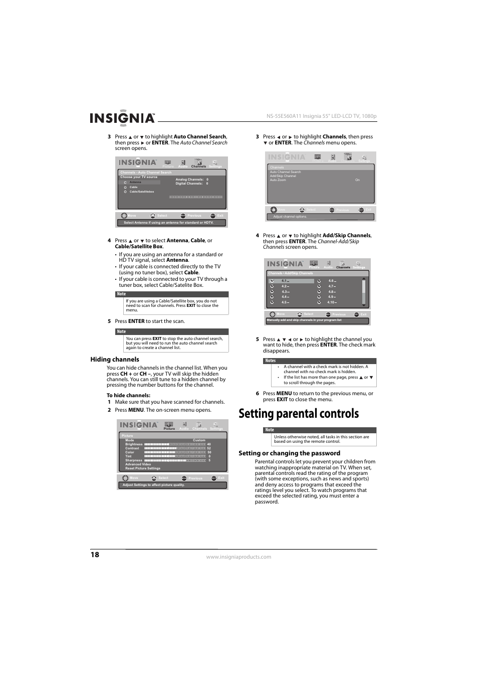 Hiding channels, Setting parental controls, Setting or changing the password | Konica Minolta NS-55E560A11 User Manual | Page 22 / 40