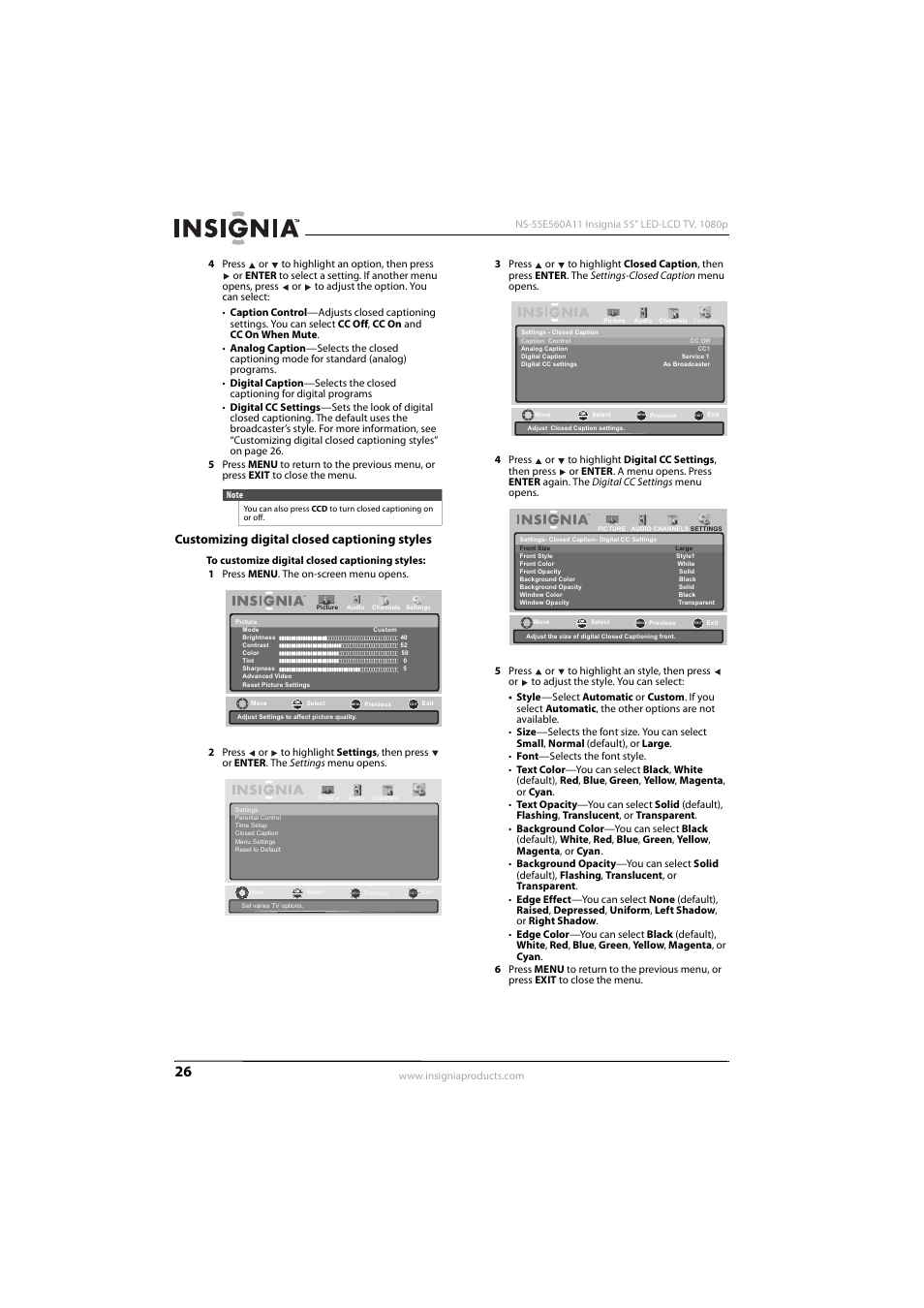 Customizing digital closed captioning styles | Konica Minolta NS-55E560A11 User Manual | Page 30 / 40