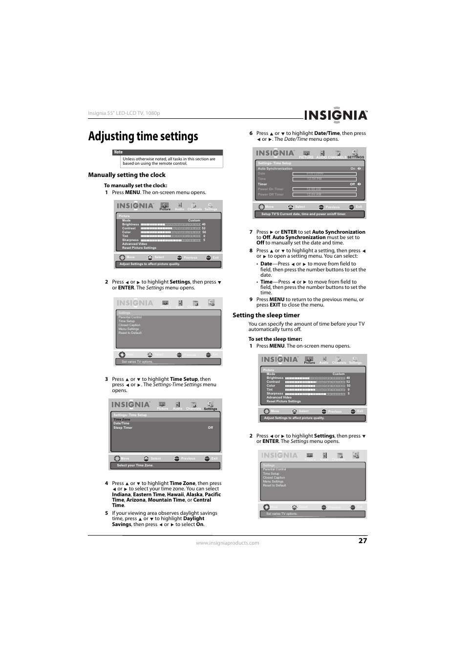 Adjusting time settings, Manually setting the clock, Setting the sleep timer | Manually setting the clock setting the sleep timer | Konica Minolta NS-55E560A11 User Manual | Page 31 / 40