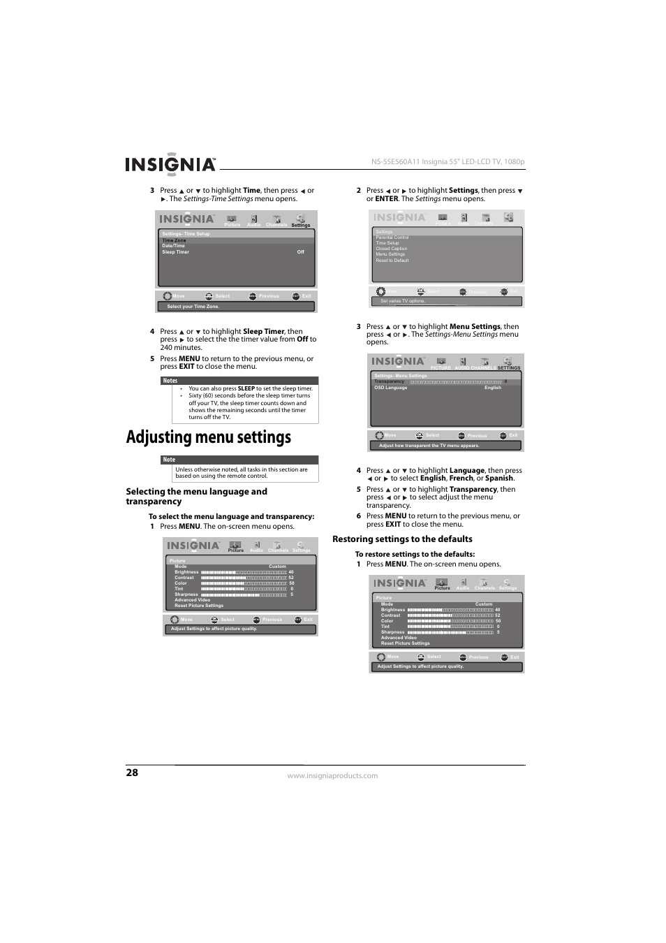 Adjusting menu settings, Selecting the menu language and transparency, Restoring settings to the defaults | Konica Minolta NS-55E560A11 User Manual | Page 32 / 40