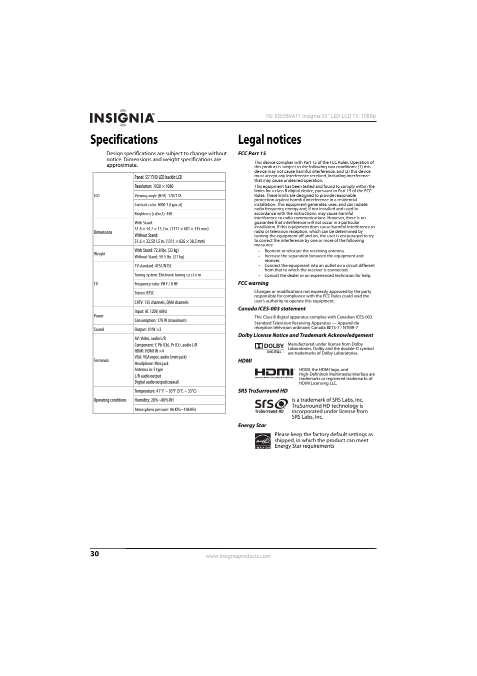 Specifications, Legal notices | Konica Minolta NS-55E560A11 User Manual | Page 34 / 40
