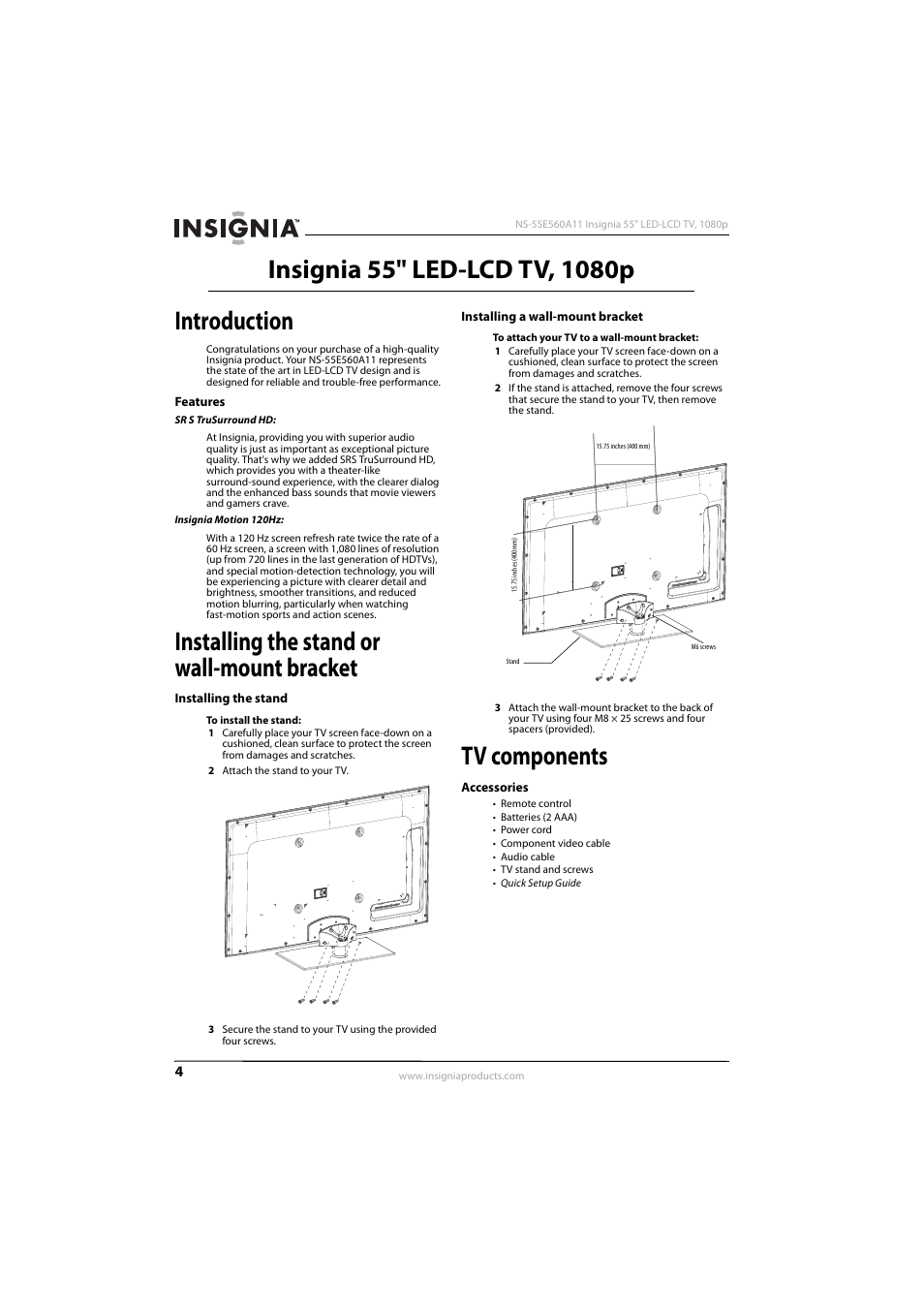 Introduction, Features, Installing the stand or wall-mount bracket | Installing the stand, Installing a wall-mount bracket, Tv components, Accessories | Konica Minolta NS-55E560A11 User Manual | Page 8 / 40